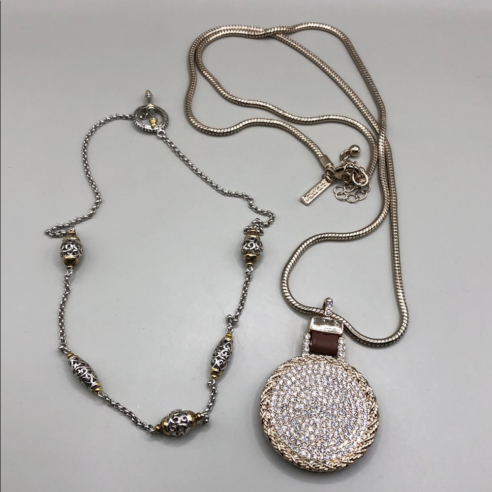 WHBM long chain necklace 2 sided CZ pendant + scroll stations chain necklace.